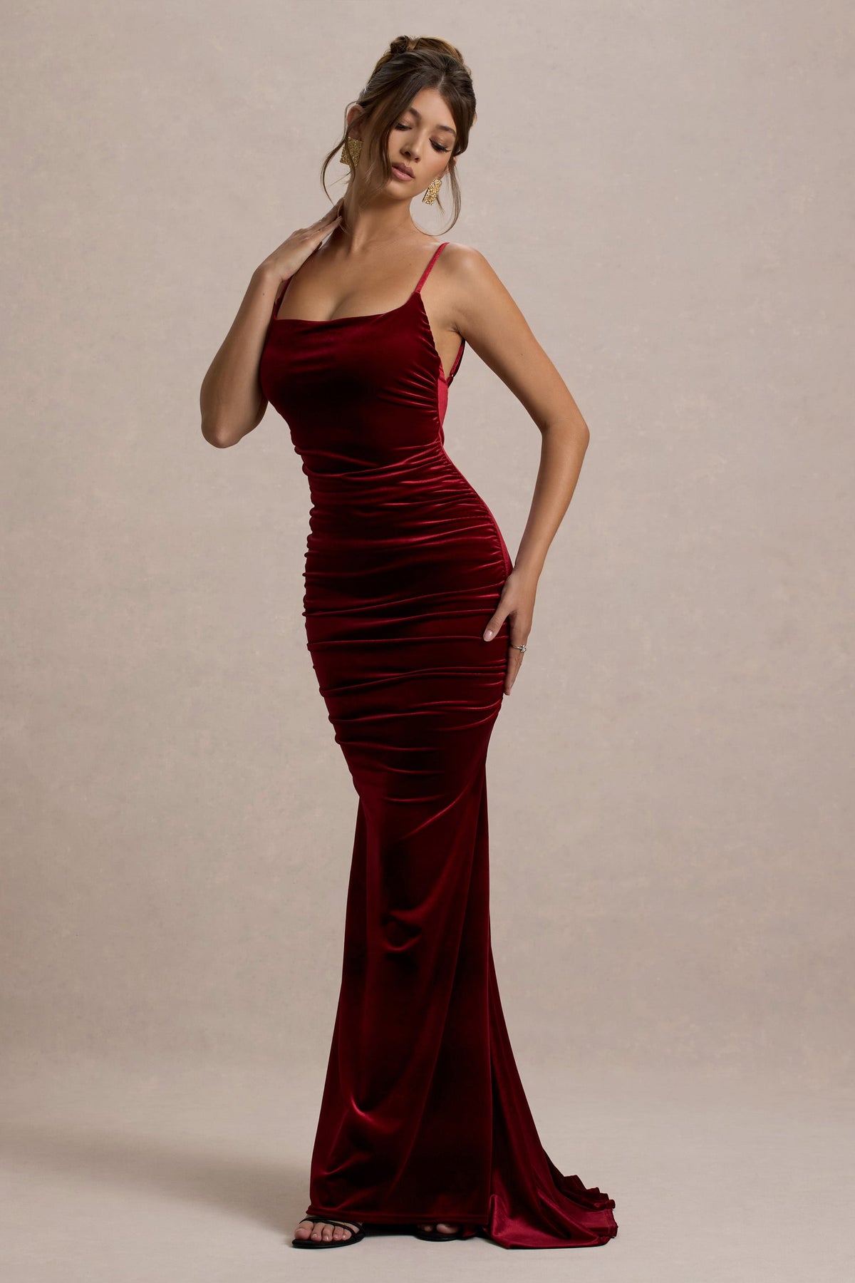 Agnes Velvet Dress with Fine Straps and Fishtail Hem