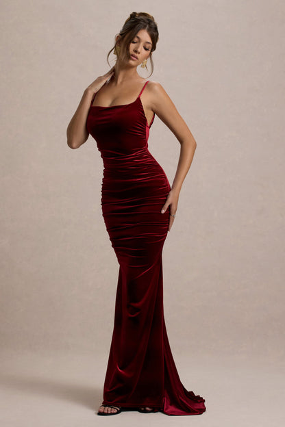 Agnes Velvet Dress with Fine Straps and Fishtail Hem