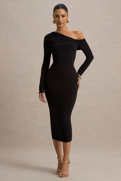 Hermione Black Dress with One Shoulder and Bodycon Midi