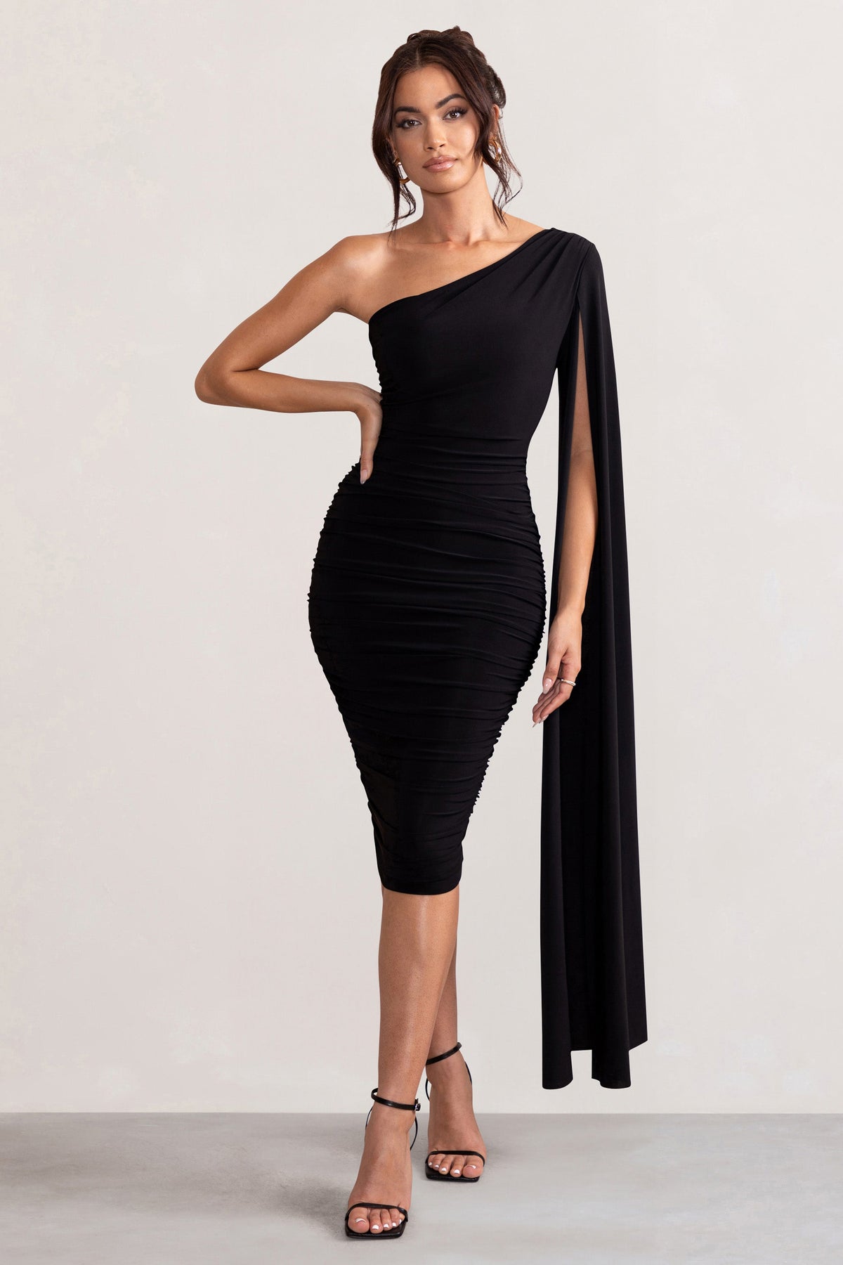 Elle Black Dress with One Shoulder and Cape Sleeve