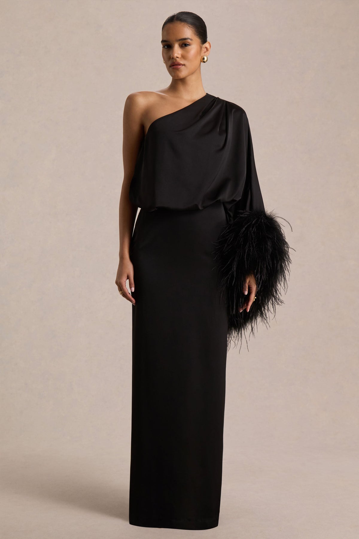 Eden Black Dress with Feather Trim and Satin Finish
