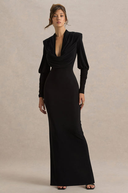 Leila Black Dress with Cowl Neck and Long Sleeves
