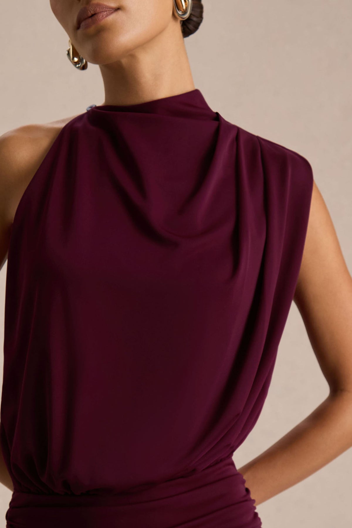 Sofia Burgundy Dress with High Neck and Draped Jersey
