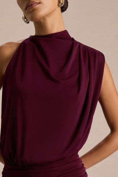 Sofia Burgundy Dress with High Neck and Draped Jersey