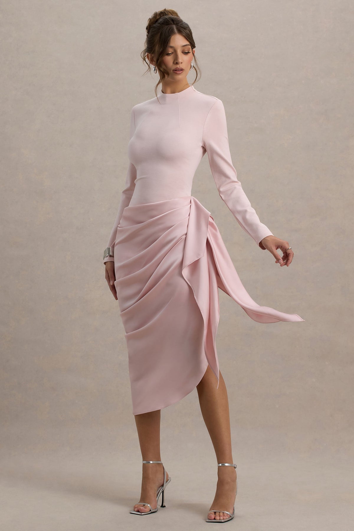 Katia Long Sleeve Dress with High Neck and Draped Wrap Skirt