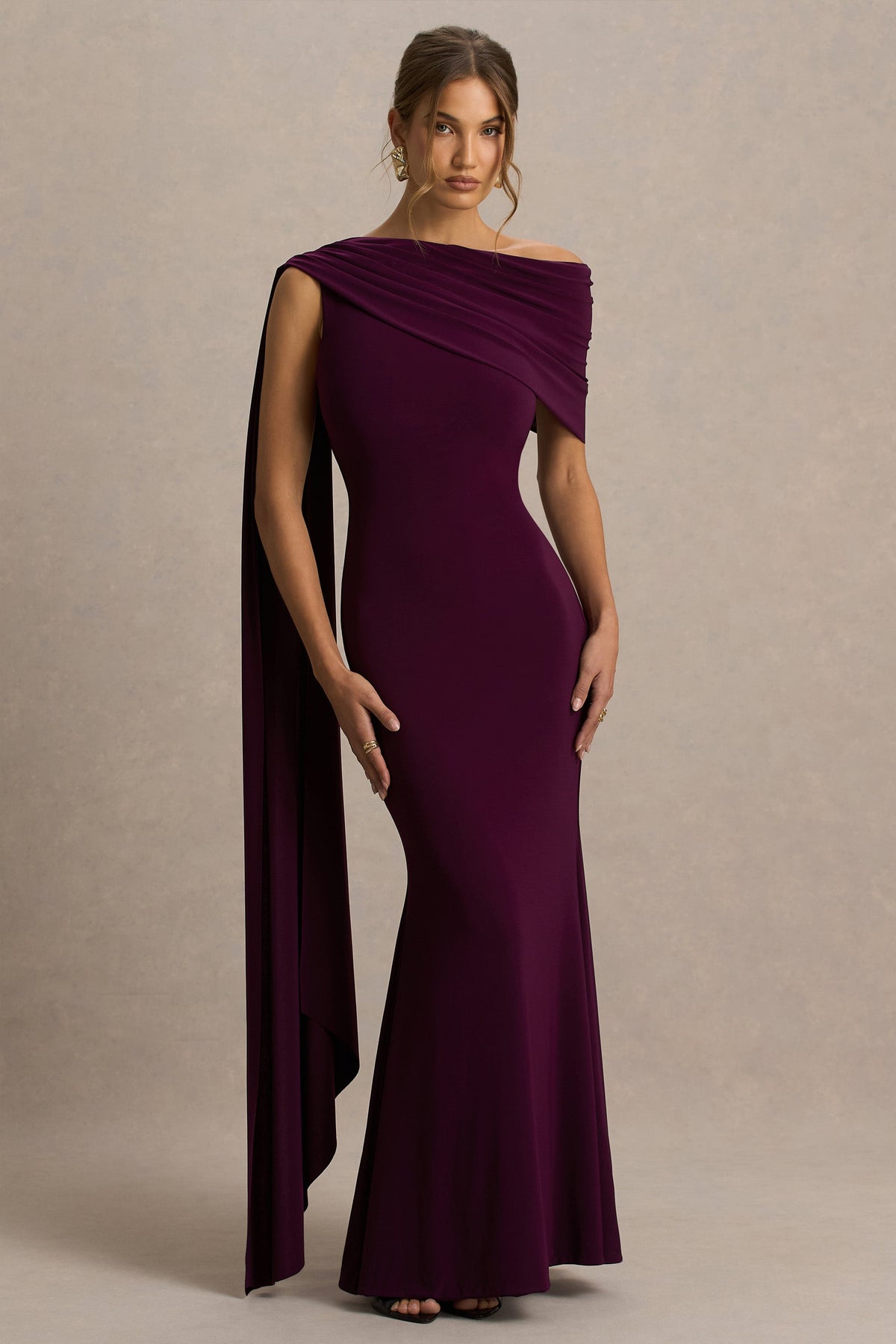 Zia Draped Evening Maxi Dress in Dark Plum