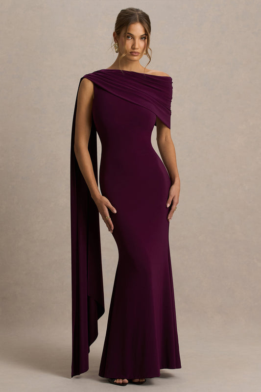 Zia Draped Evening Maxi Dress in Dark Plum