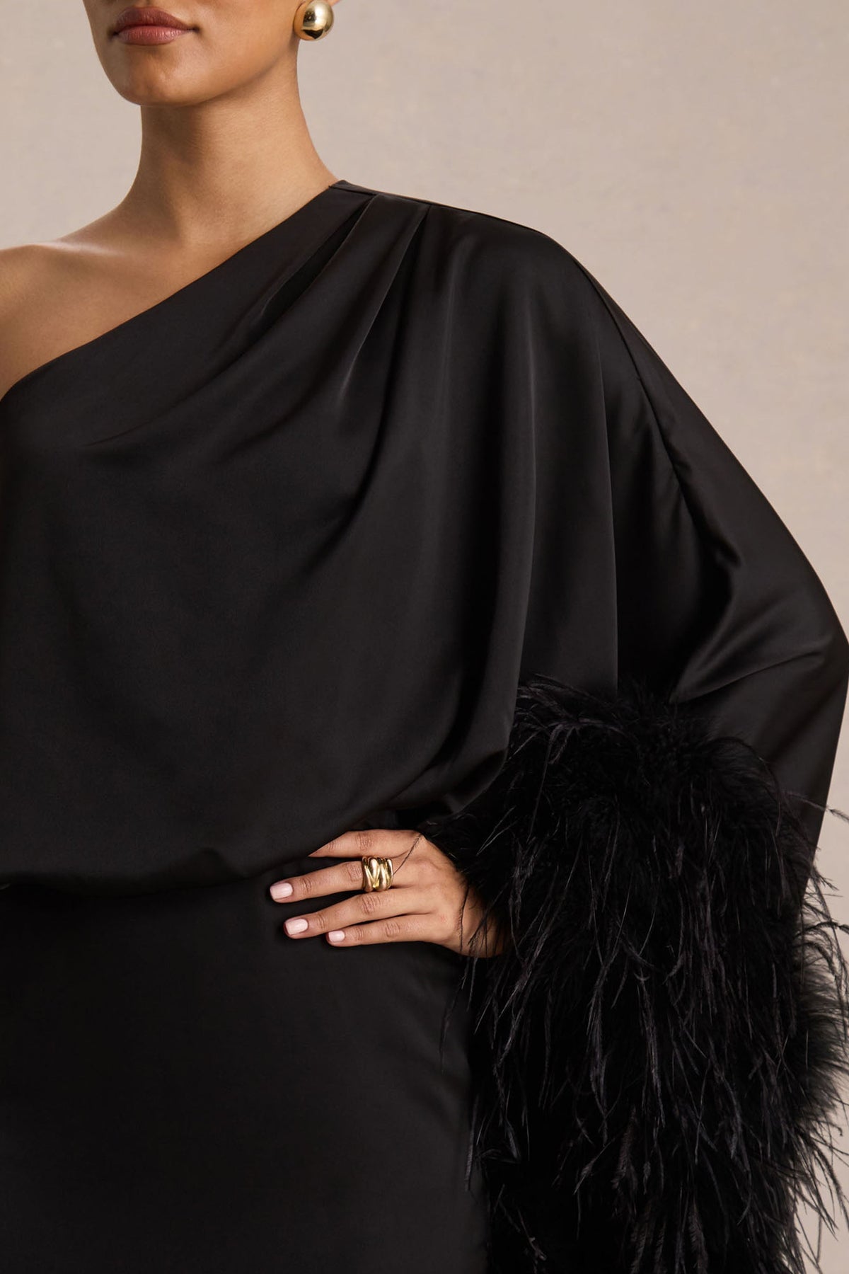 Eden Black Dress with Feather Trim and Satin Finish