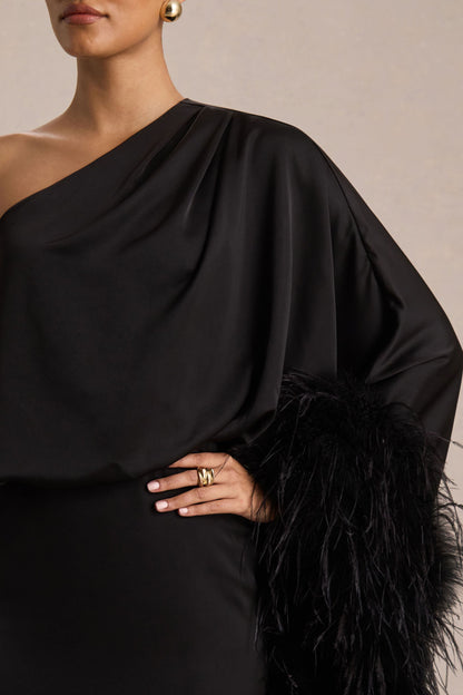 Eden Black Dress with Feather Trim and Satin Finish
