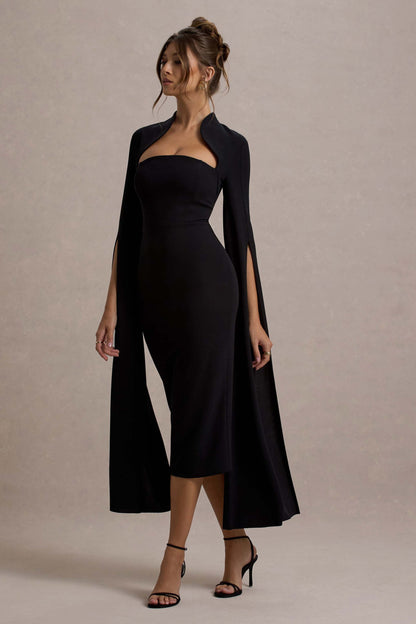 Effie Black Dress with Cape Sleeves and Bodycon Midi