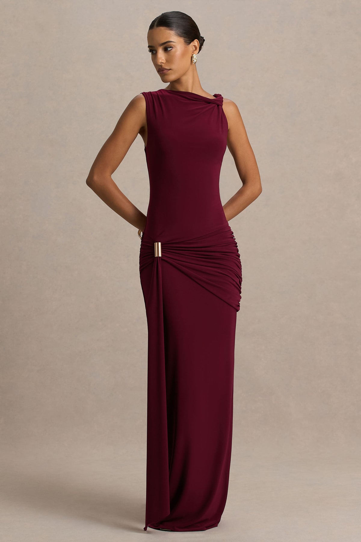 Dinah Burgundy Dress with High Neck and Wrapped Skirt