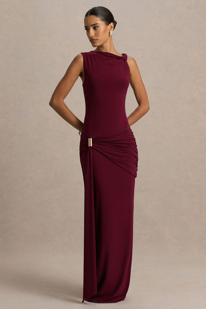 Dinah Burgundy Dress with High Neck and Wrapped Skirt