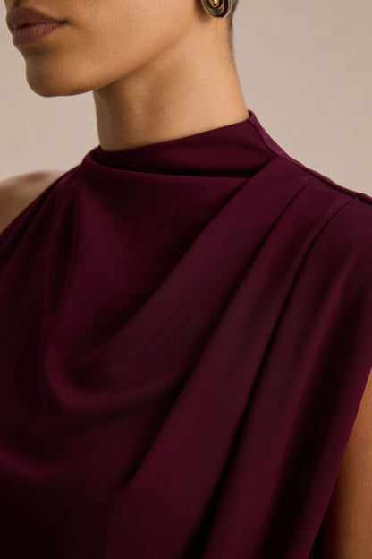 Sofia Burgundy Dress with High Neck and Draped Jersey