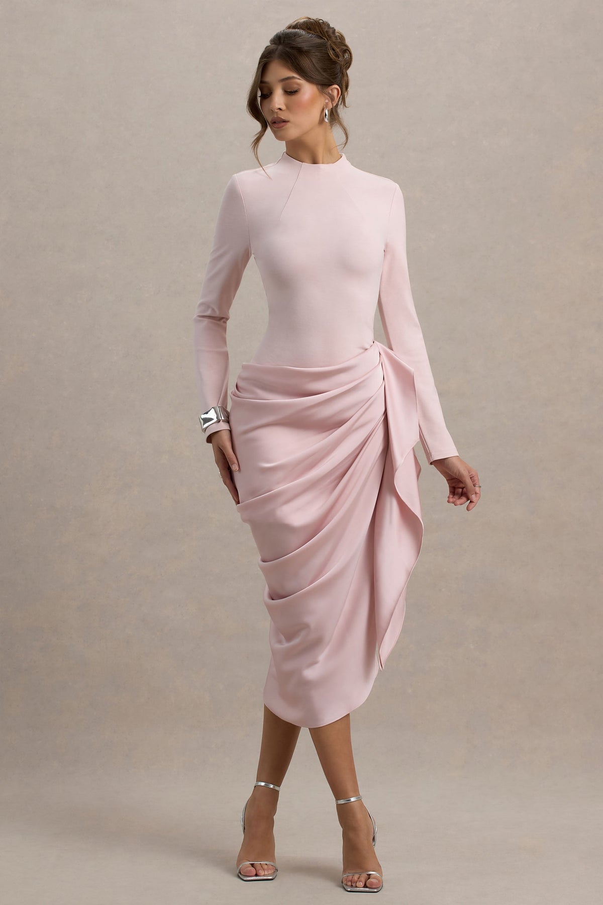 Katia Long Sleeve Dress with High Neck and Draped Wrap Skirt