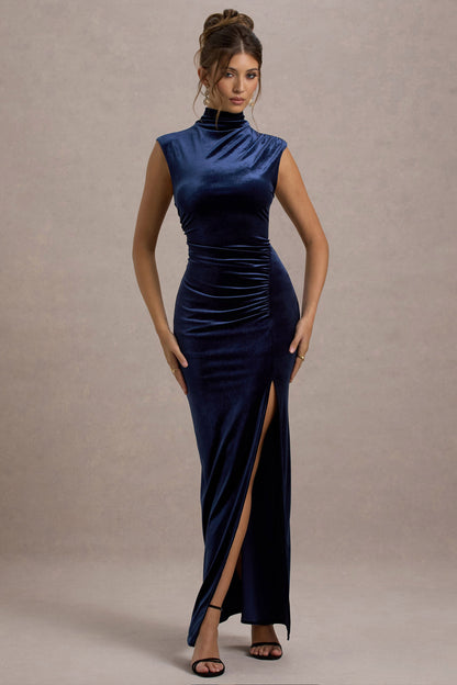 Greta Velvet Dress with High Neck and Front Slit