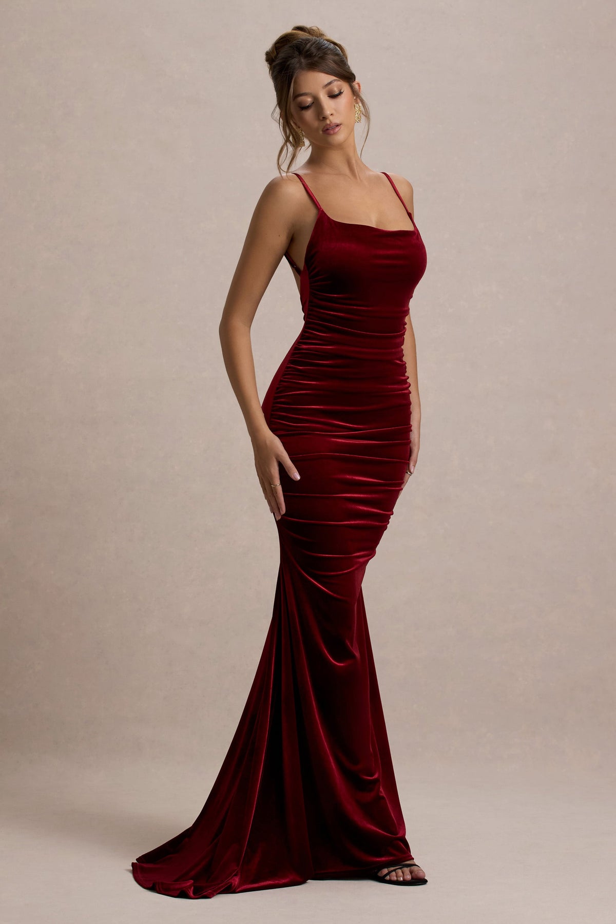 Agnes Velvet Dress with Fine Straps and Fishtail Hem