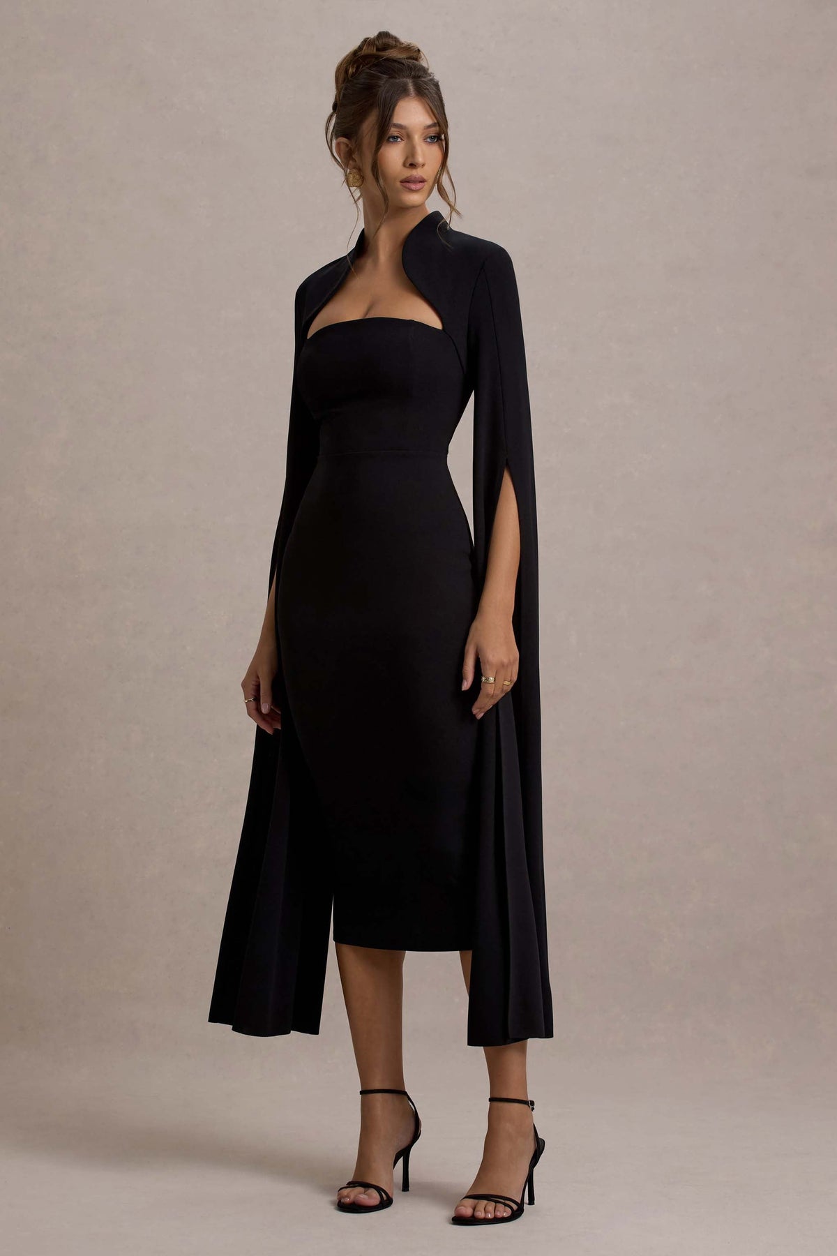 Effie Black Dress with Cape Sleeves and Bodycon Midi