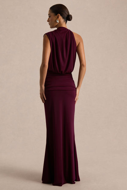 Sofia Burgundy Dress with High Neck and Draped Jersey