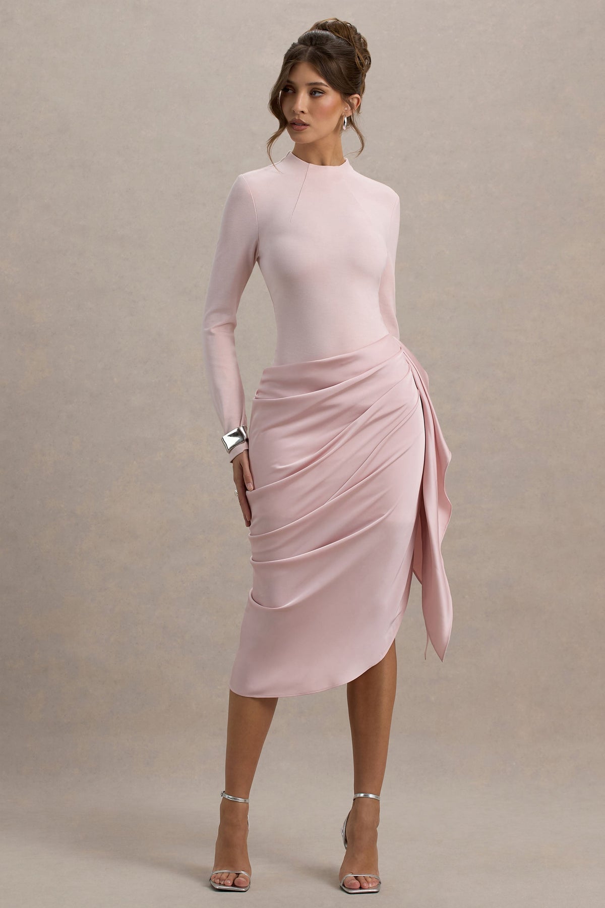 Vita Long Sleeve Dress with High Neck and Wrap Skirt