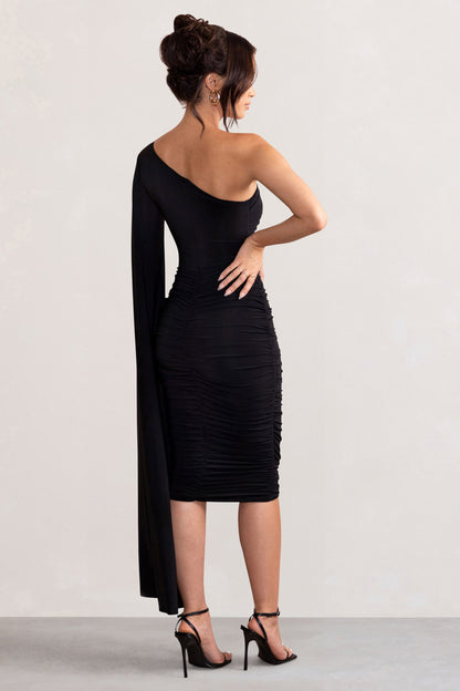 Elle Black Dress with One Shoulder and Cape Sleeve