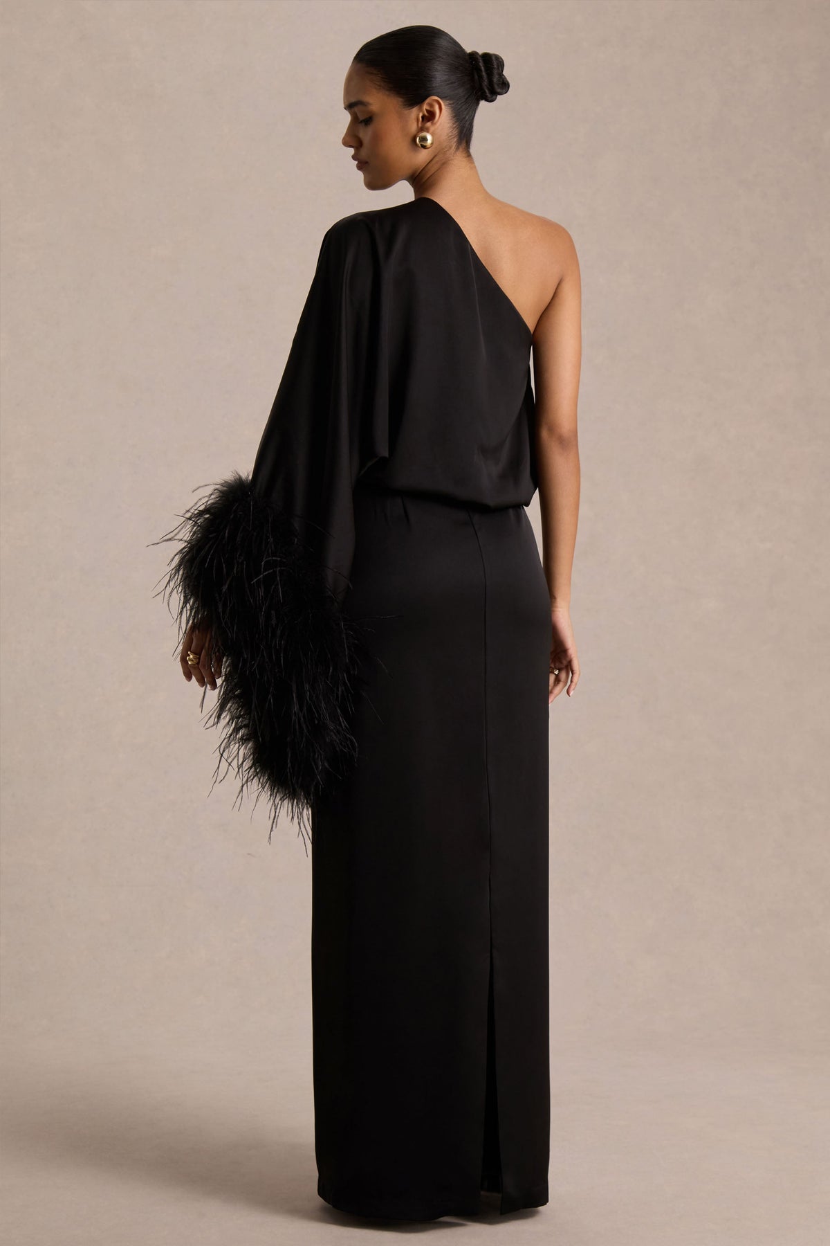 Eden Black Dress with Feather Trim and Satin Finish