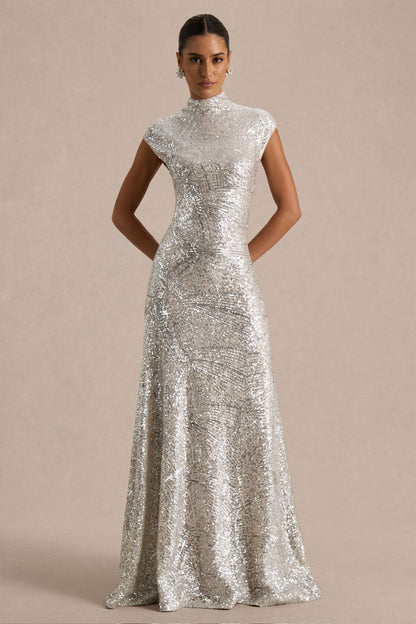 Cecy Silver Sequin Evening Dress