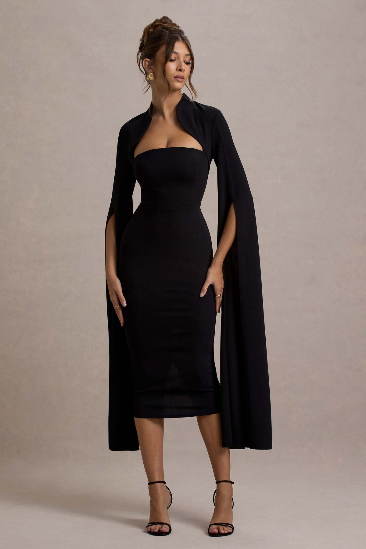 Effie Black Dress with Cape Sleeves and Bodycon Midi