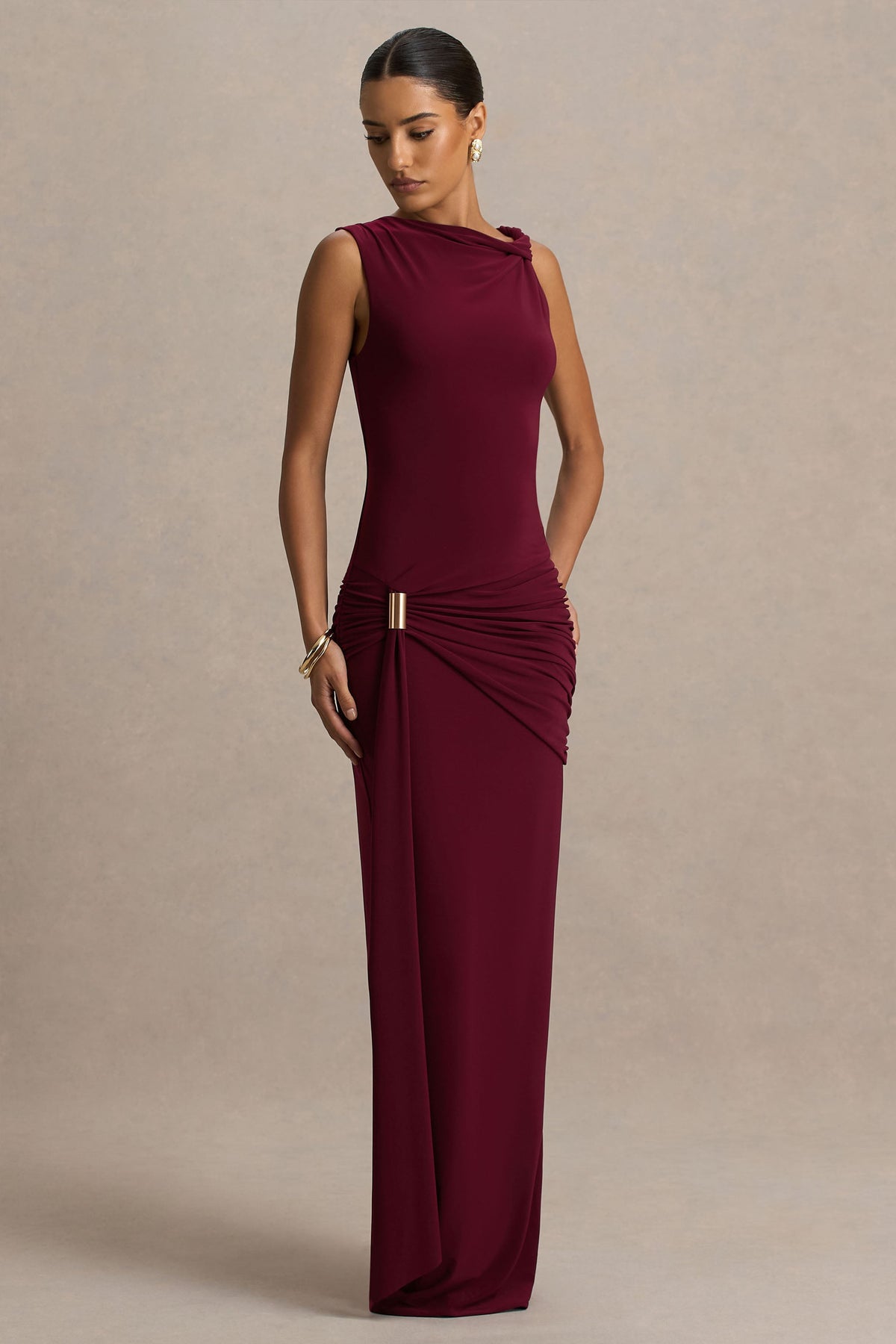Dinah Burgundy Dress with High Neck and Wrapped Skirt