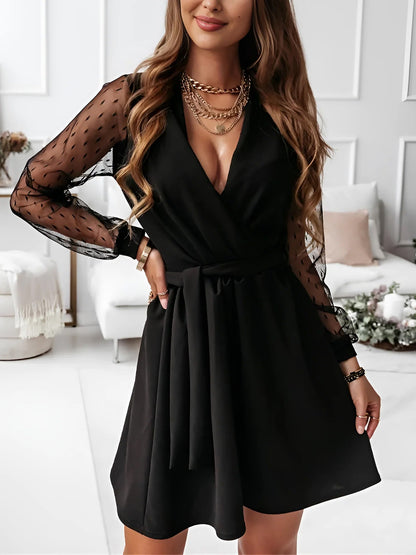 Amaya Long Sleeve Mini Dress with Lace Sleeves and Wrap Front