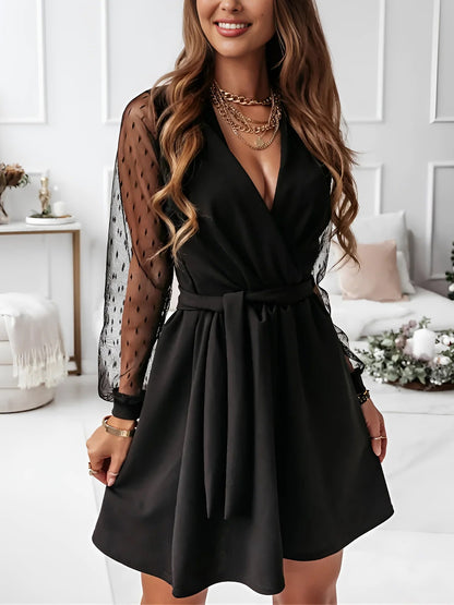 Amaya Long Sleeve Mini Dress with Lace Sleeves and Wrap Front