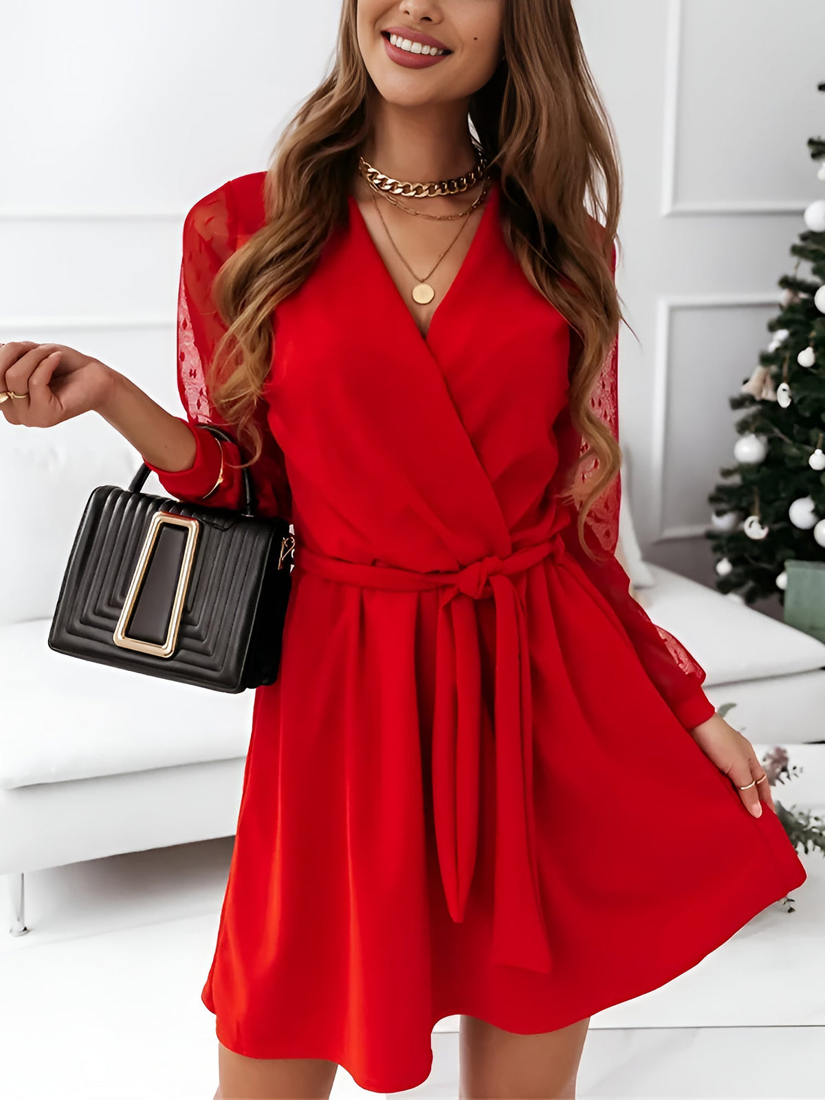 Amaya Long Sleeve Mini Dress with Lace Sleeves and Wrap Front