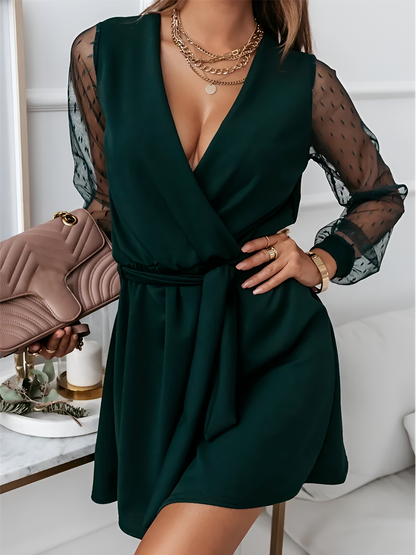 Amaya Long Sleeve Mini Dress with Lace Sleeves and Wrap Front