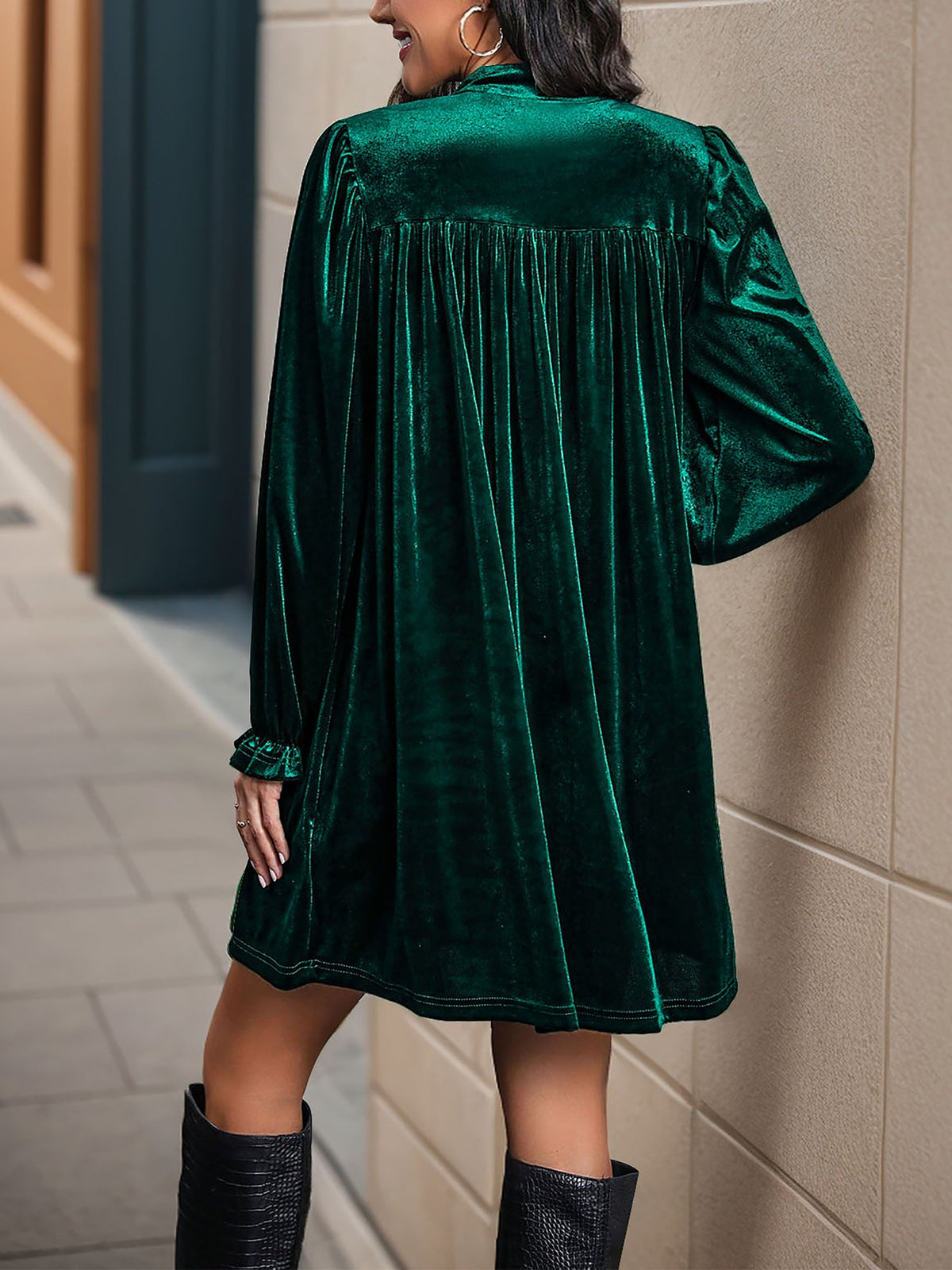 Wren Velvet Dress with Puff Sleeves and Notch Neck
