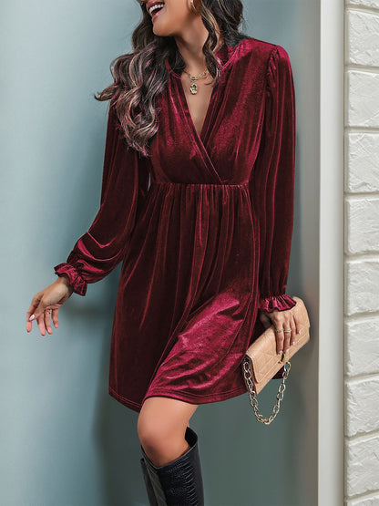 Wren Velvet Dress with Puff Sleeves and Notch Neck