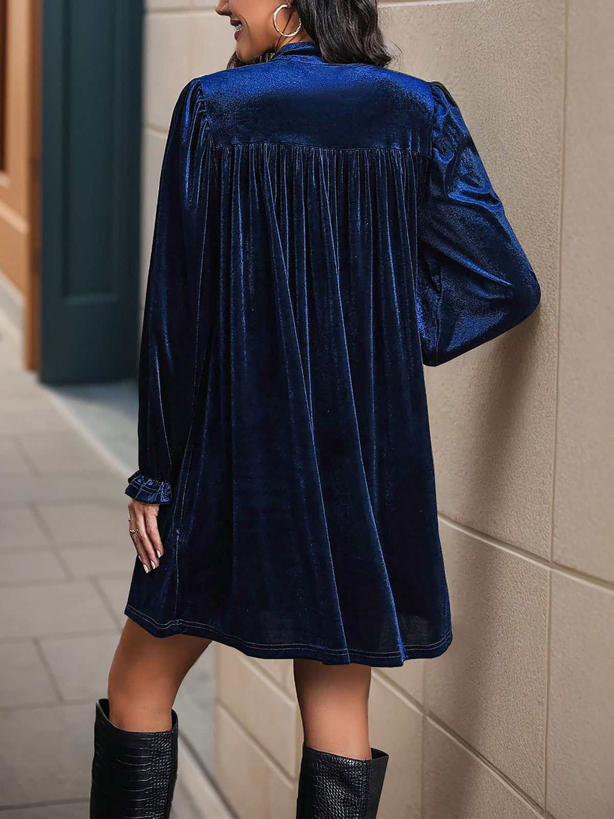 Wren Velvet Dress with Puff Sleeves and Notch Neck