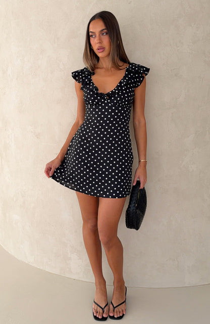 Cosima Black Mini Dress with Polka Dots and Ruffle Trim