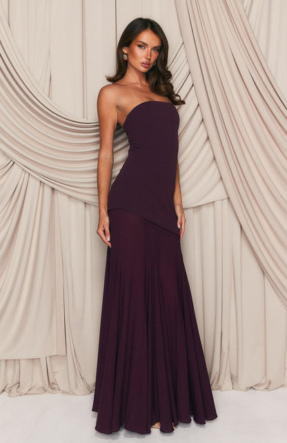 Clover Burgundy Dress with Strapless Neck and Draped Hem