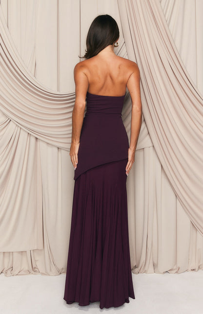 Clover Burgundy Dress with Strapless Neck and Draped Hem