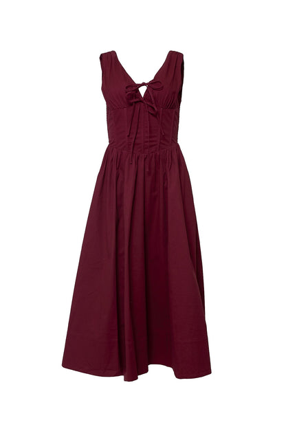 Mette Burgundy Dress with Lace-Up Front and Full Skirt