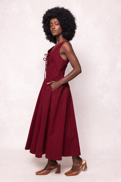 Mette Burgundy Dress with Lace-Up Front and Full Skirt