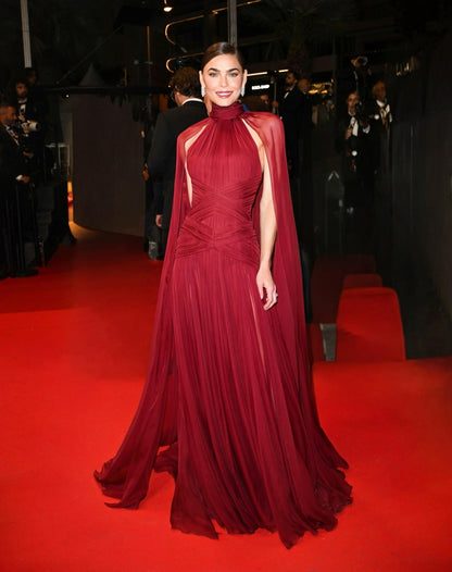 Leigh Evening Gown with Pleated Chiffon and Cape Detail